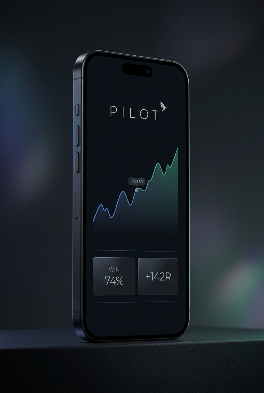 PILOT trading app — blue, purple and emerald live charts, 74% win rate and verified signals in your pocket